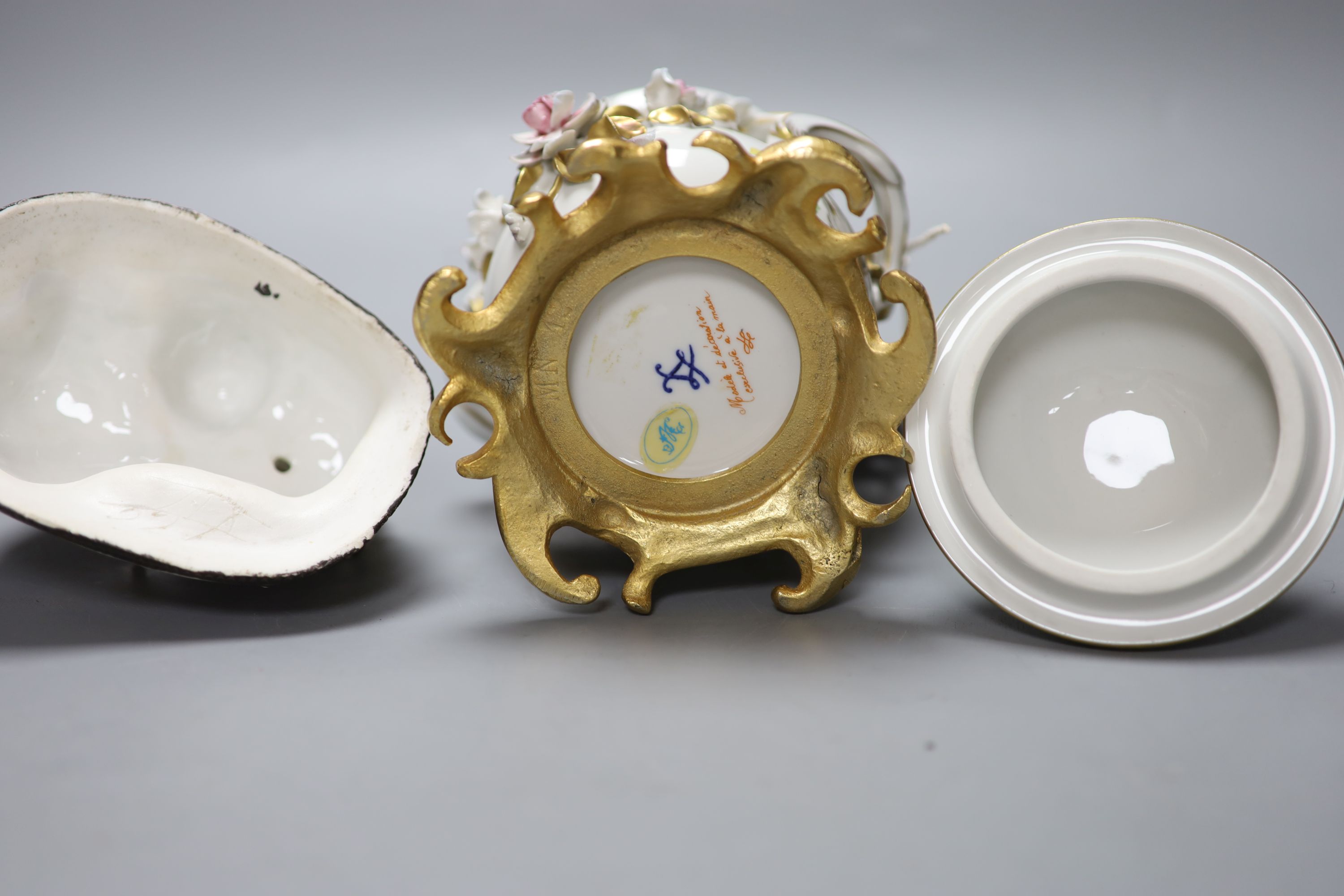 A Dresden porringer and three Continental porcelain figure groups, tallest 21cm